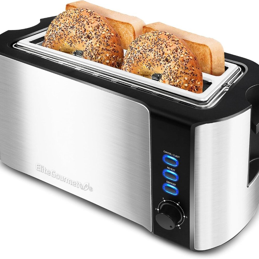 Compact Long Slot 4 Slice Toaster for Bread, Bagels & Waffles in Steel Finish